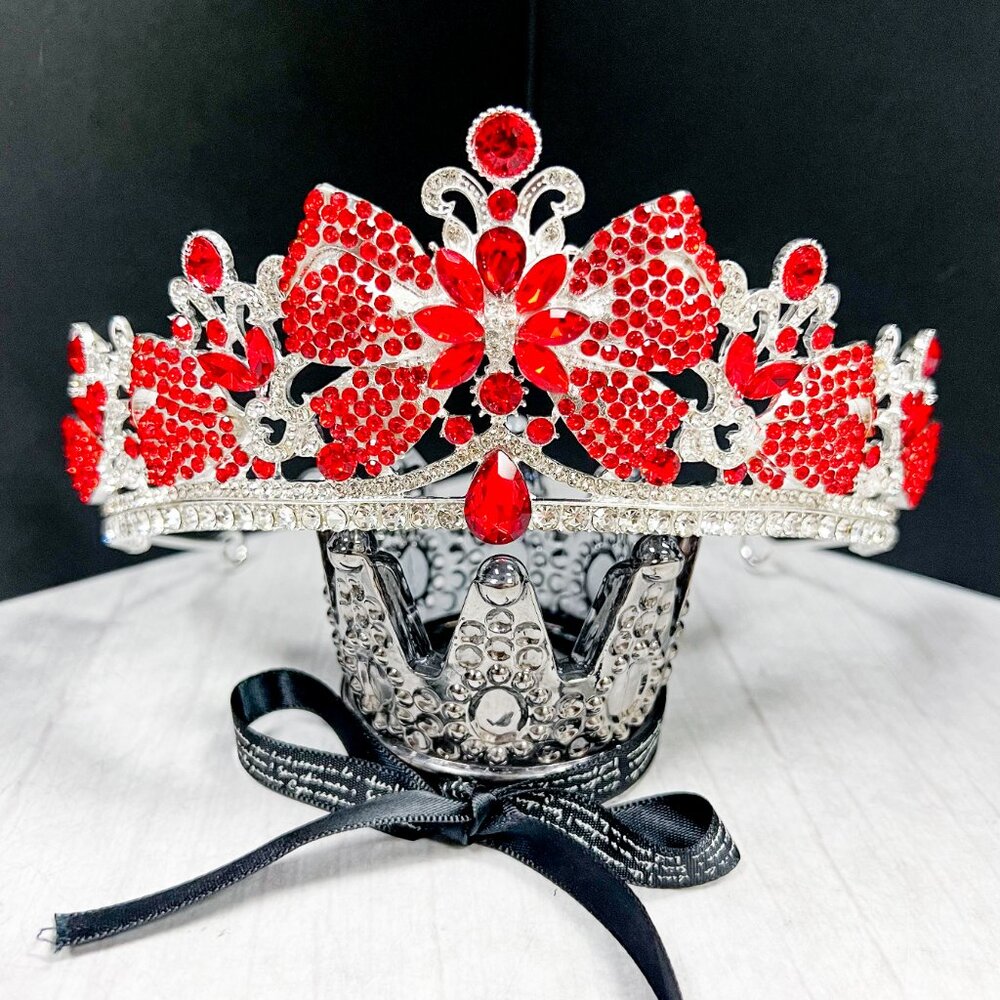 Vintage silver Crown, Red bow tiara, Classic wedding Crown, Crystal Crown Tiara - Picture 10 of 10